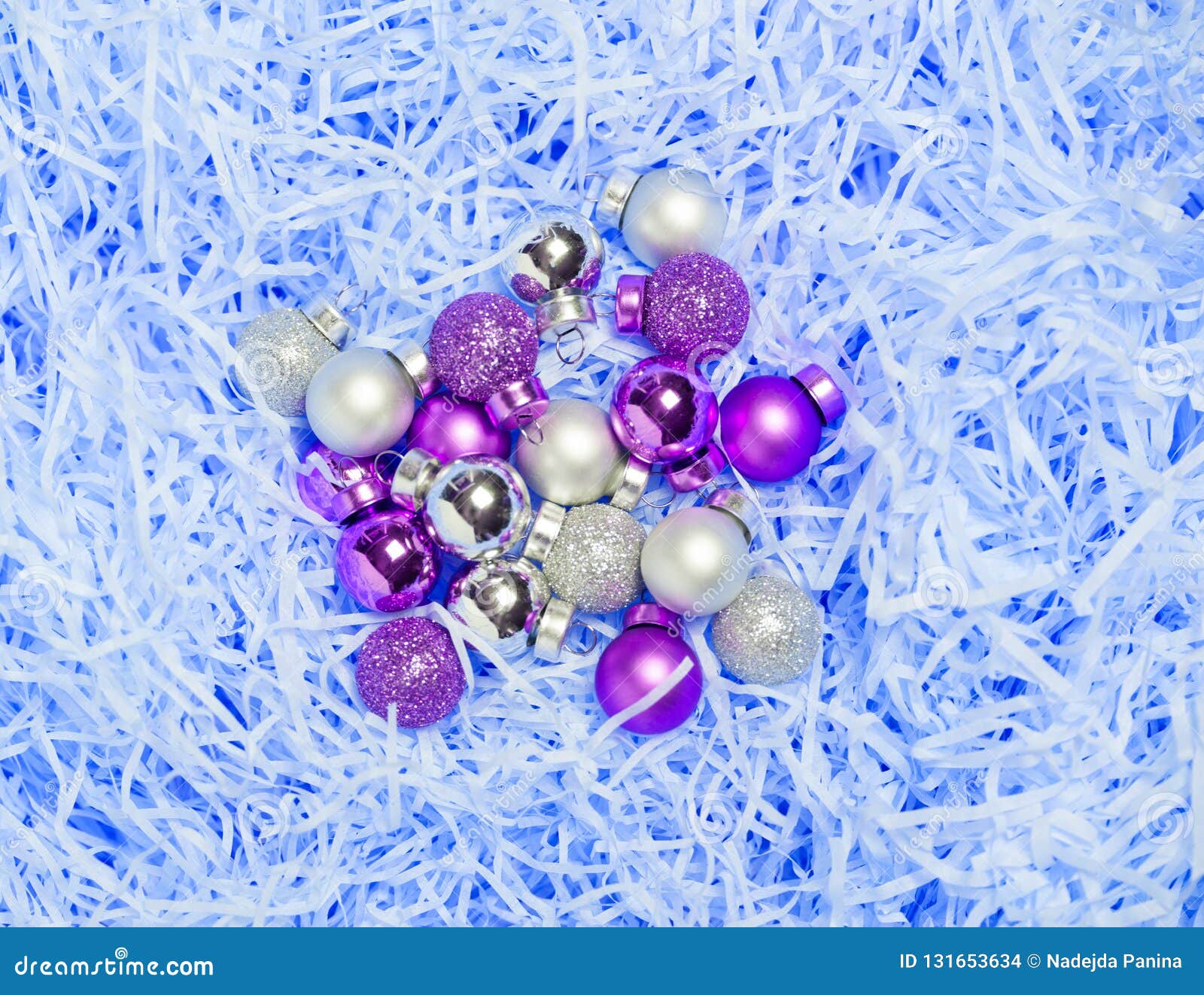 Christmas Balls on Blue Abstrack Curly Paper Background. Beautiful ...