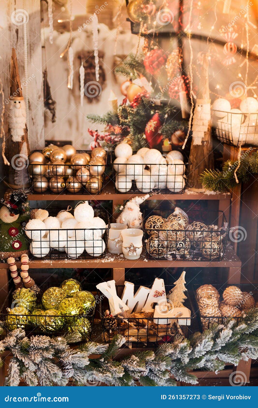 Christmas Balls and Decorations on Shelves at Shop. Stock Image Image