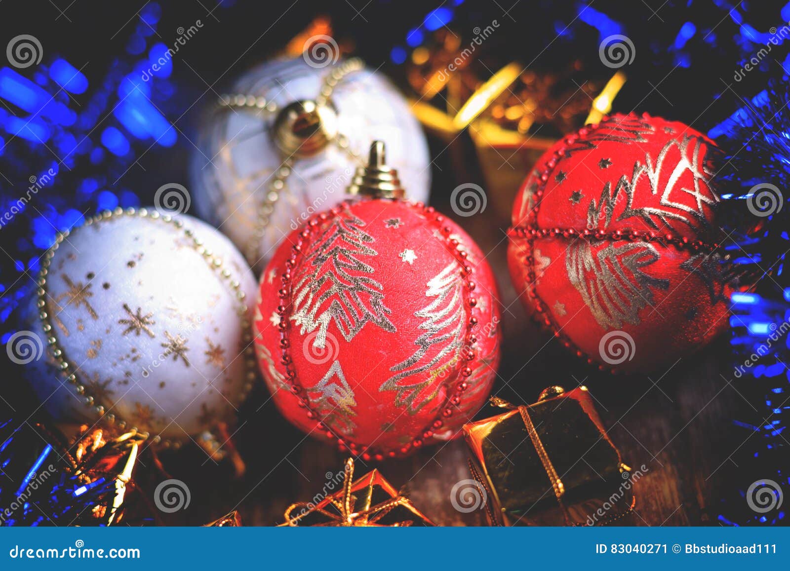 Christmas Balls, Gift Boxes and Blue Garland Stock Image Image of