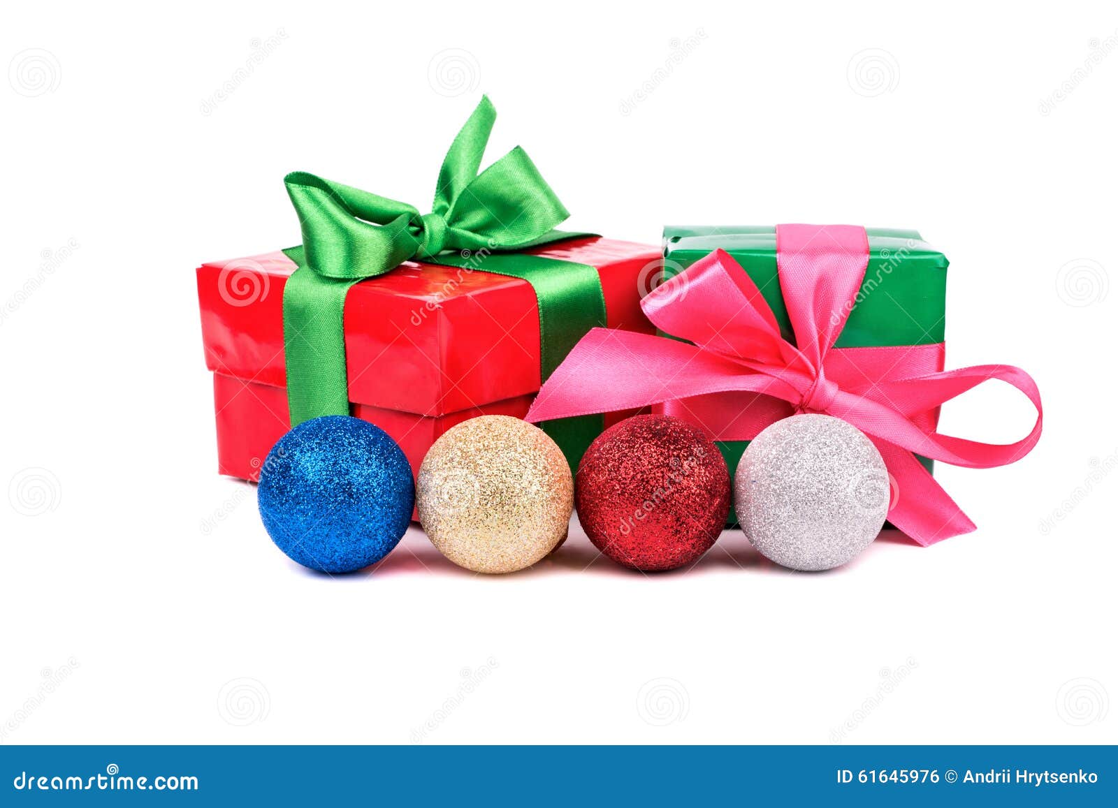 Christmas balls and gifts stock photo. Image of close 61645976