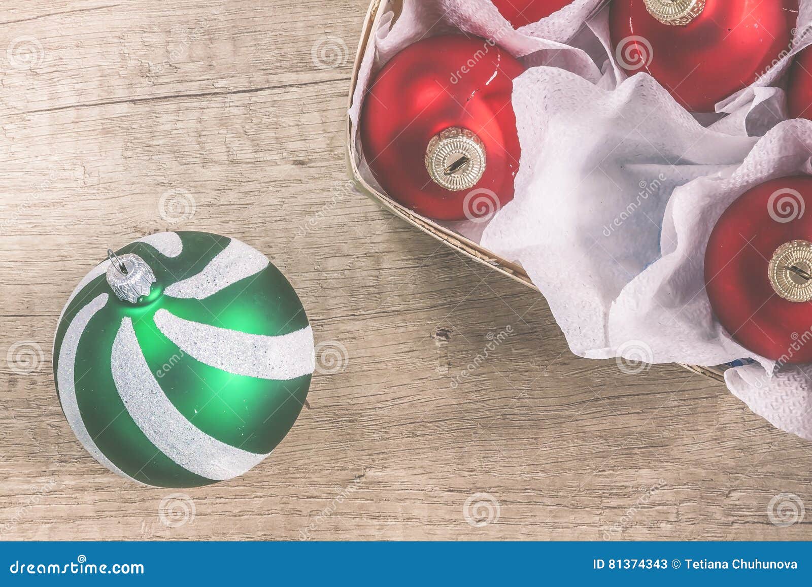 Christmas Balls Red and Green in a Wooden Basket Top View of Vintage ...