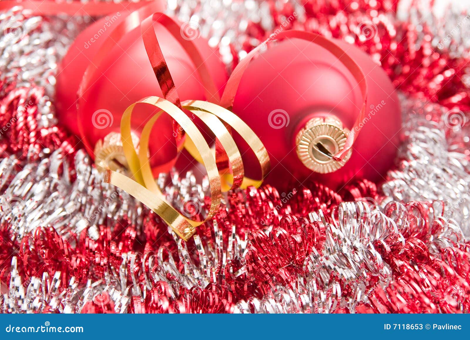 Christmas balls and tinsel stock image. Image of ribbon 7118653