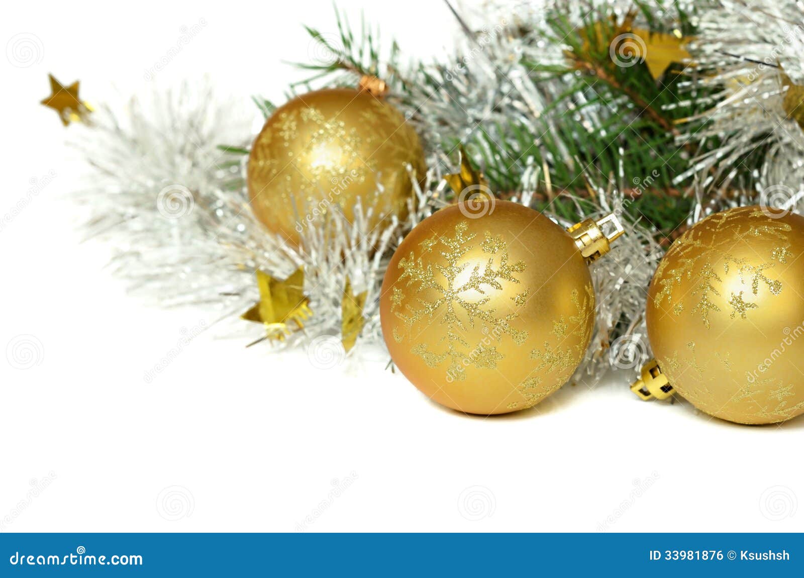 Christmas Balls with Tinsel and Pine Tree Stock Photo - Image of ball ...