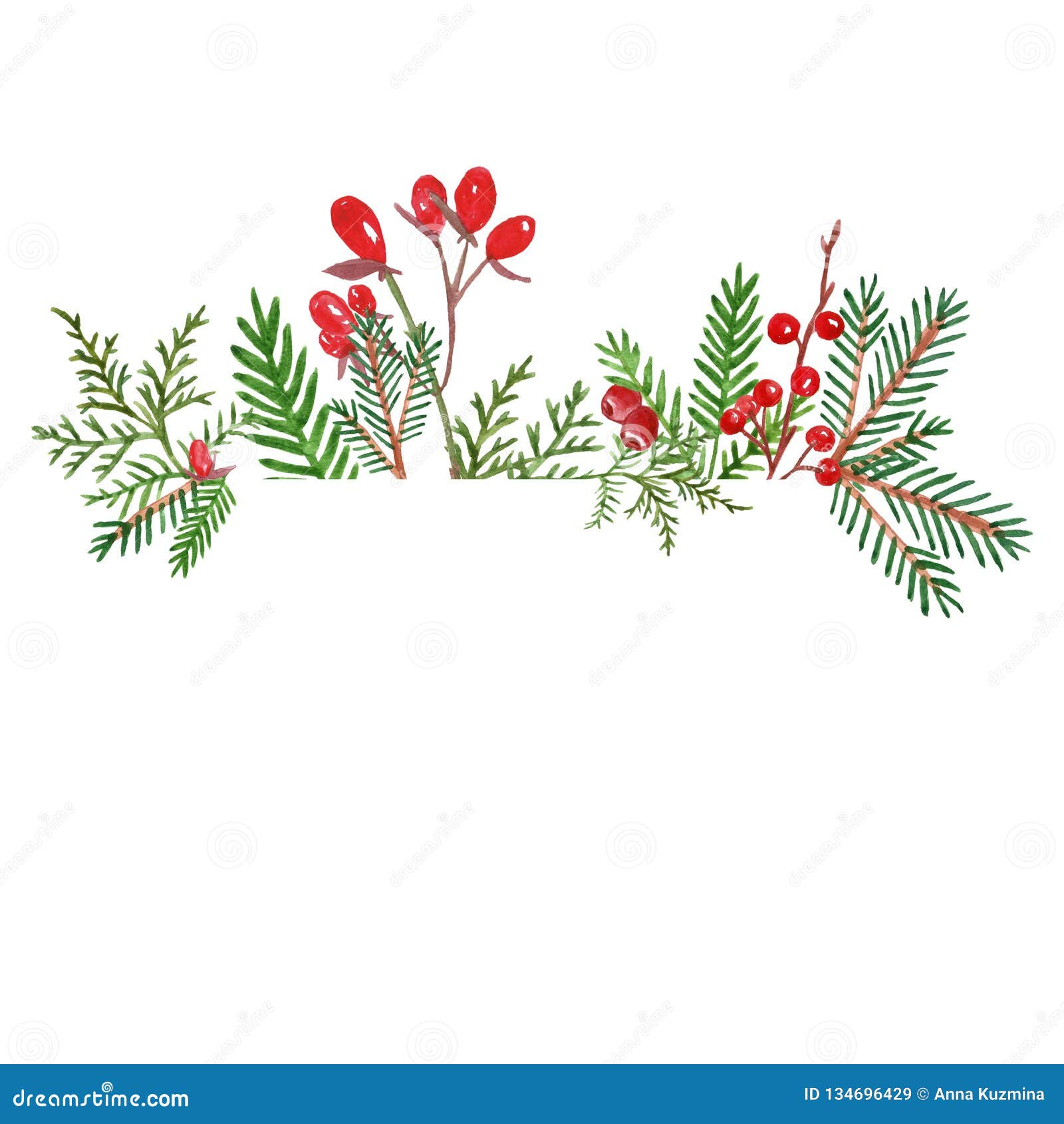 Christmas Banner with Hand Drawn Watercolor Winter Evegreen Plants and ...