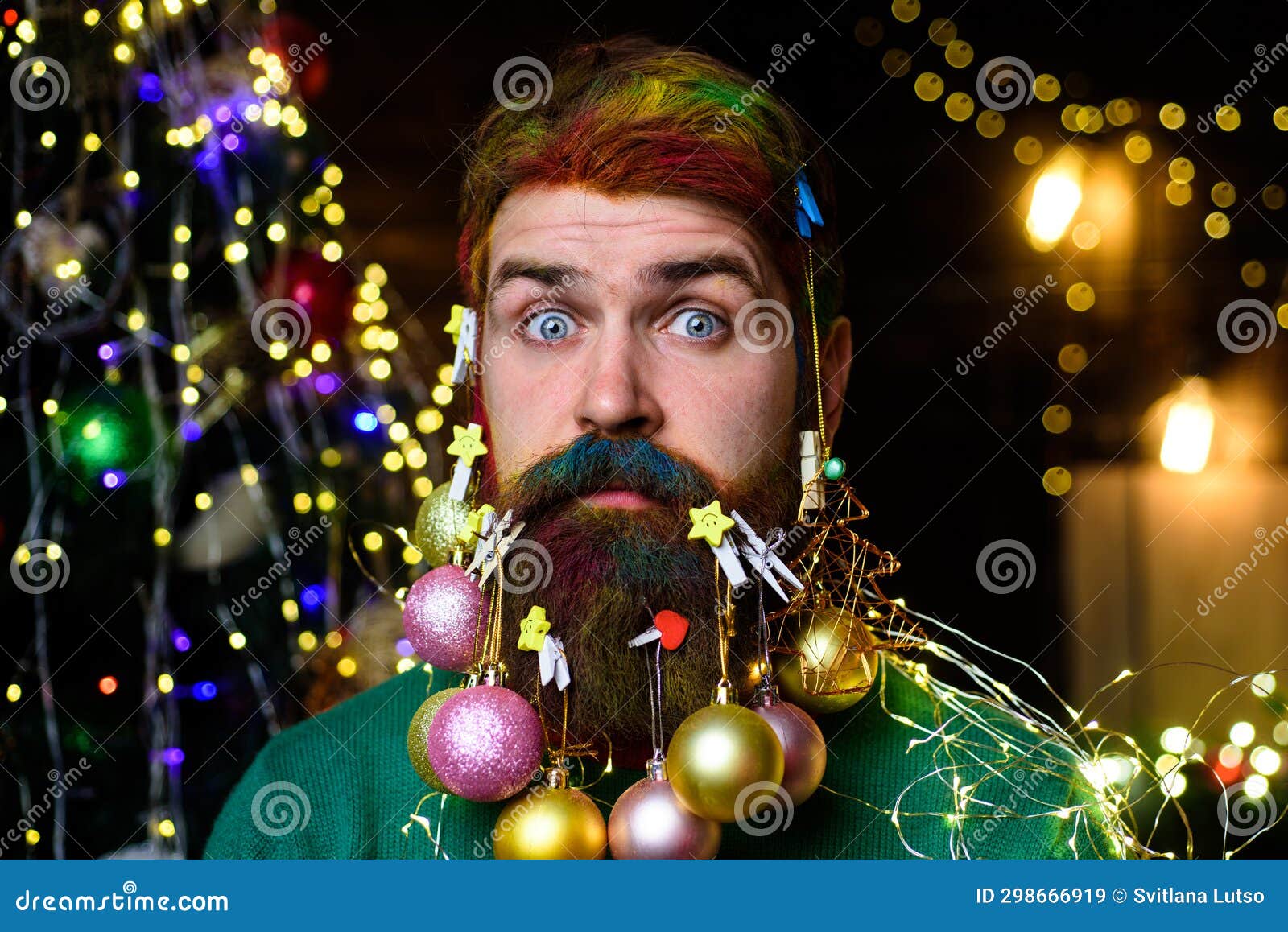 Christmas Barbershop Advertising Bearded Guy With Decorated Beard Ready For Christmas Or New