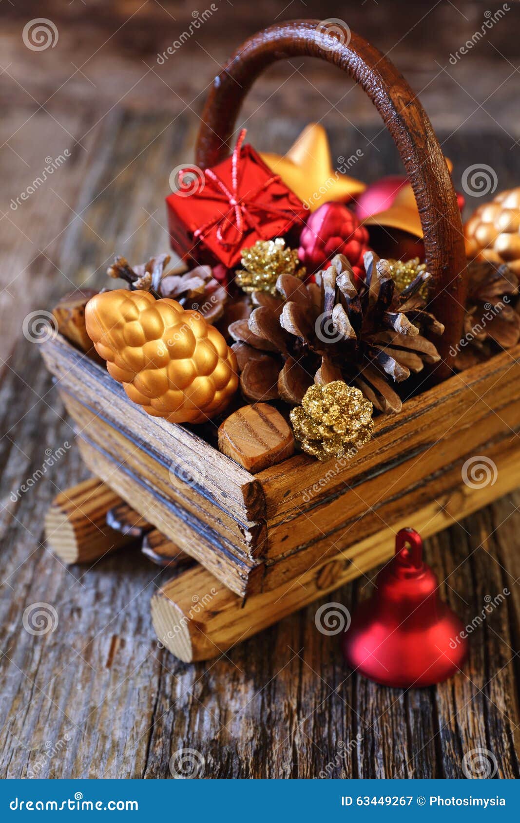 Christmas Basket with NewYear Tree Decorations and Pine Cones Stock Image Image of background