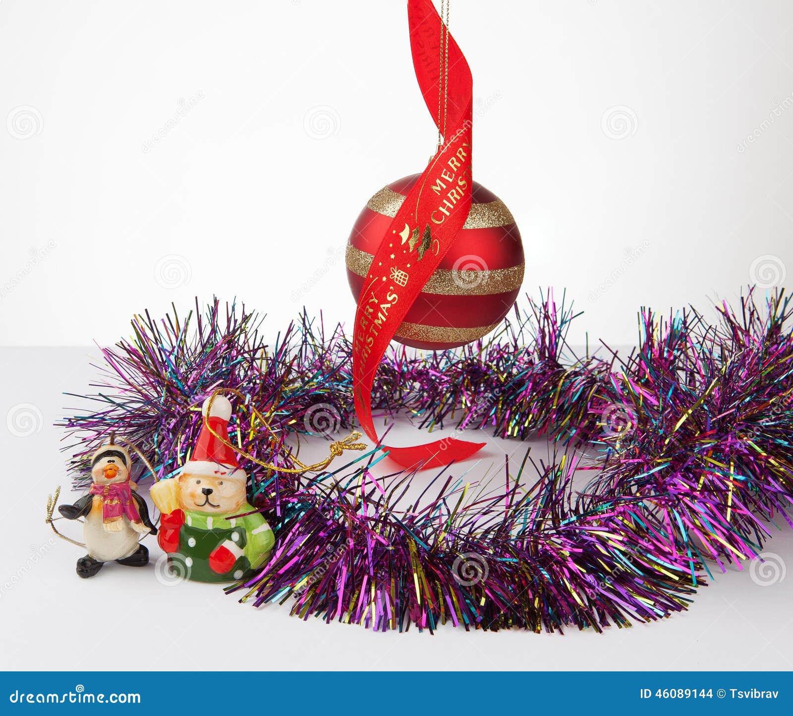 Christmas Bauble and Decorations with Tinsel Isolated on White Stock