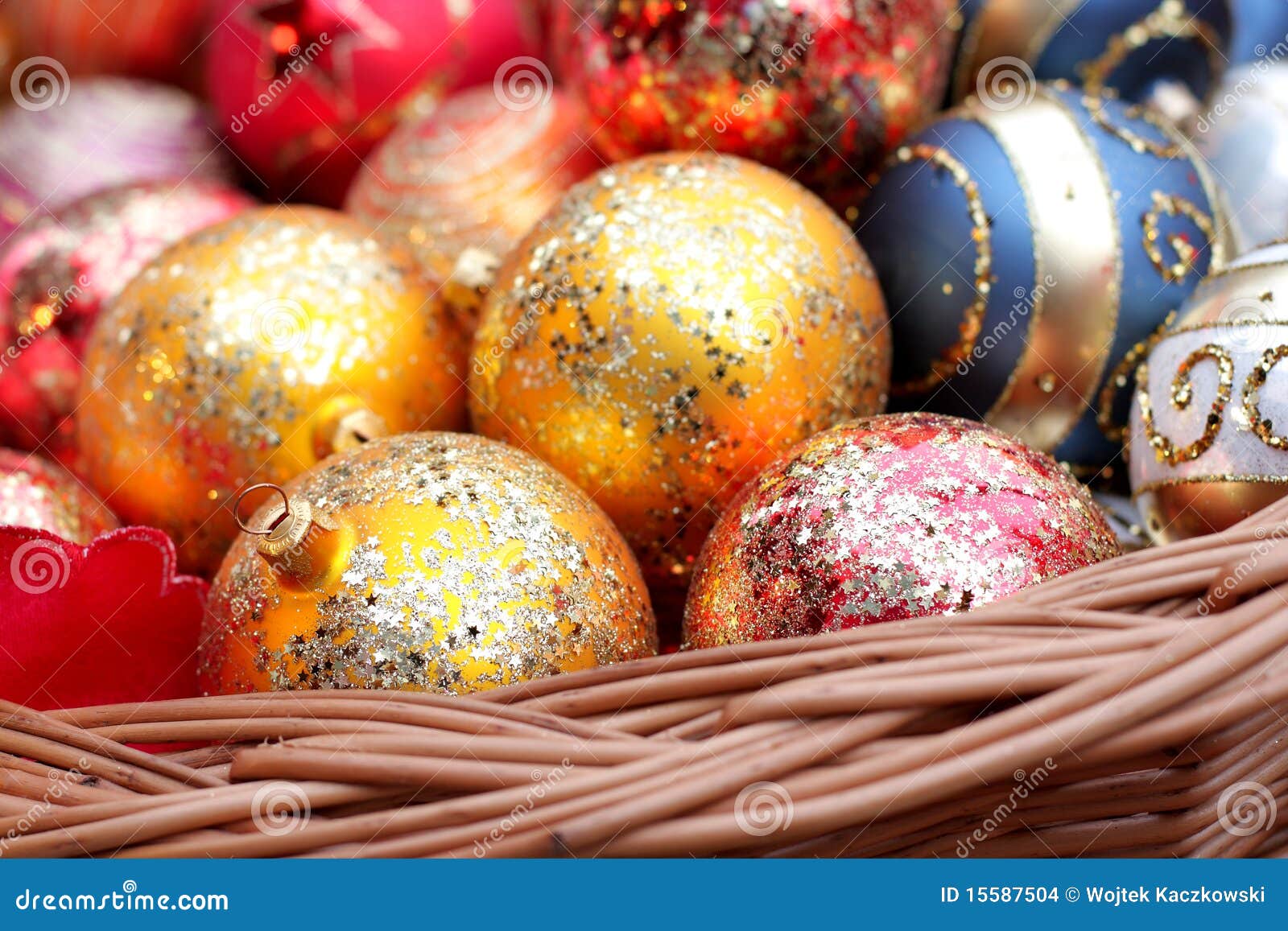Christmas Baubles in Wicker Basket Stock Photo Image of ball, closeup