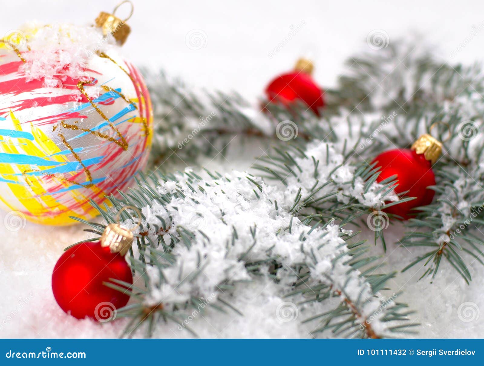 Christmas Beautiful Yellow and Red Balls with Fir Branch and Snow on ...