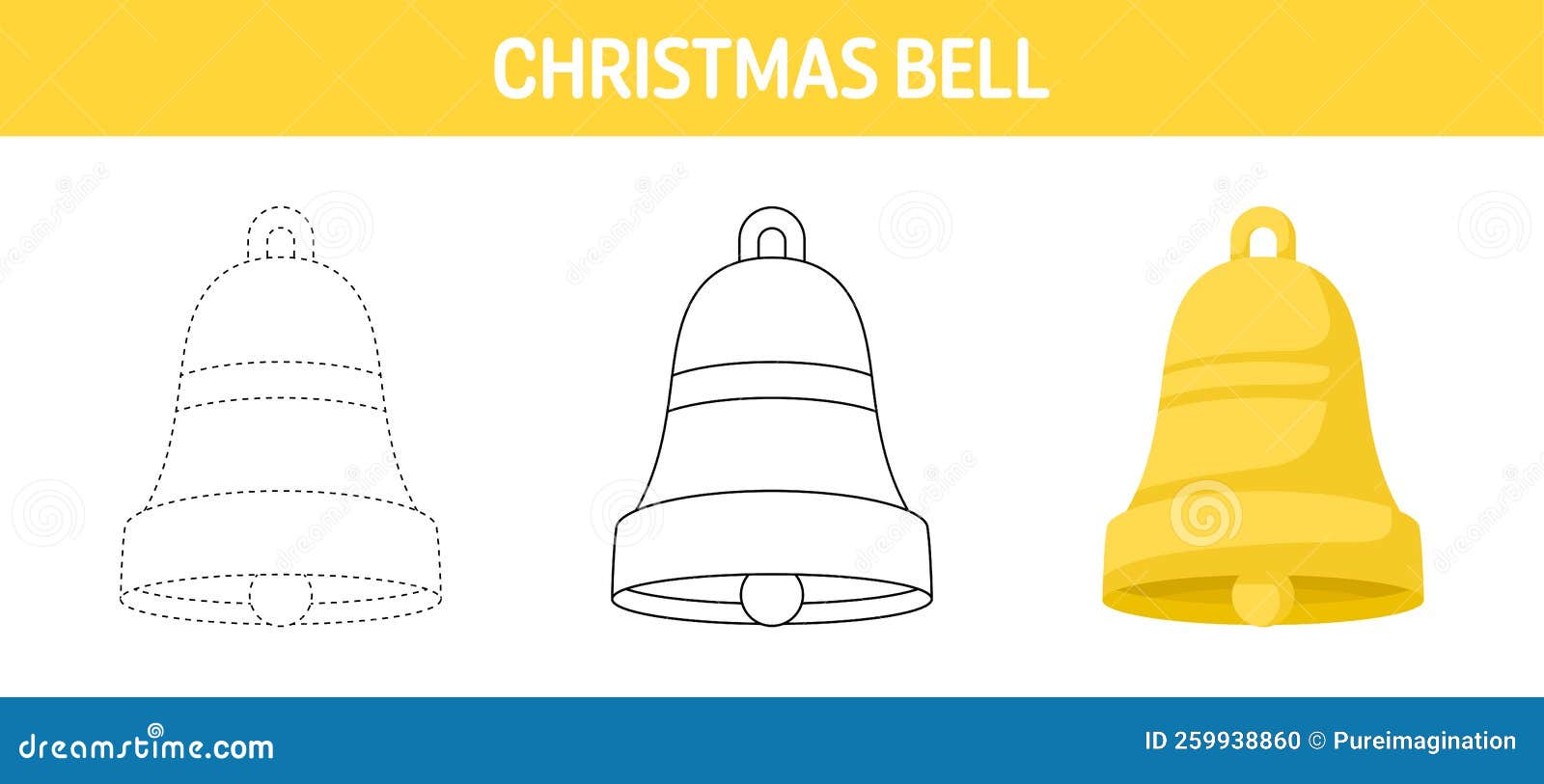 Christmas Bell Tracing and Coloring Worksheet for Kids Stock