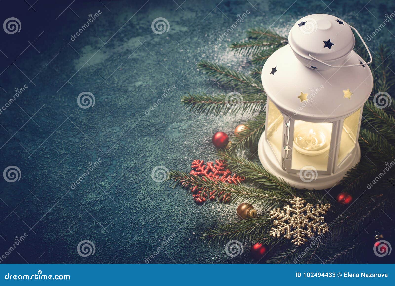 Christmas Blue Background. Composition of a Lantern and Fir Branches ...