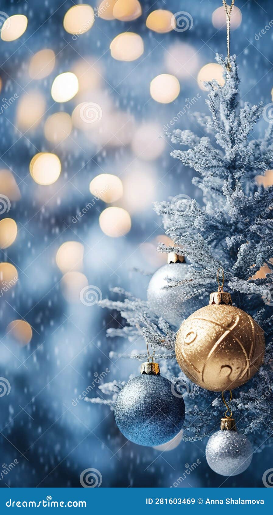 Christmas Blue Background with Christmas Tree and Decorations on Bokeh