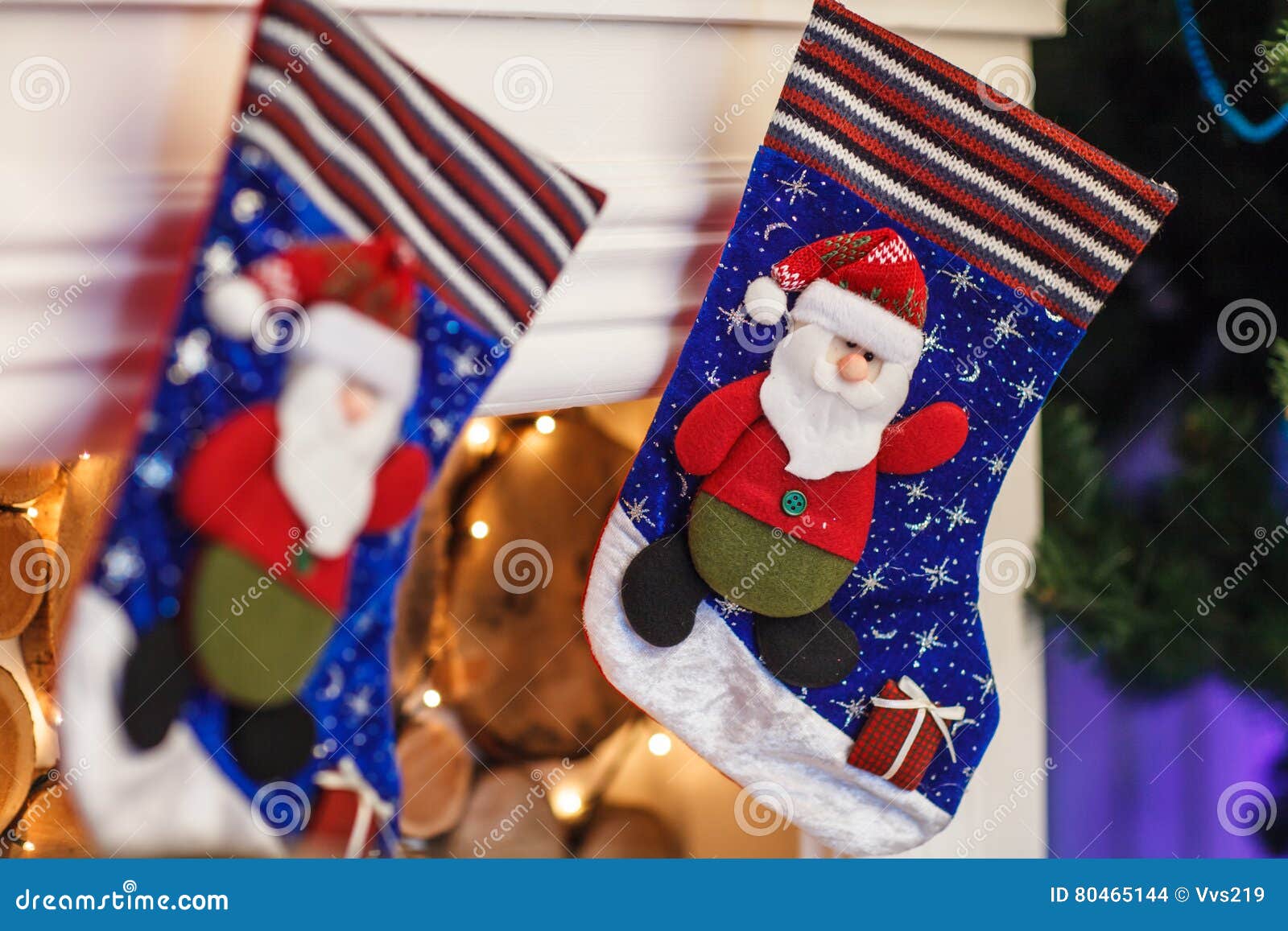 Christmas Blue Stocking Hanging from a Mantel or Fireplace, Decorated ...