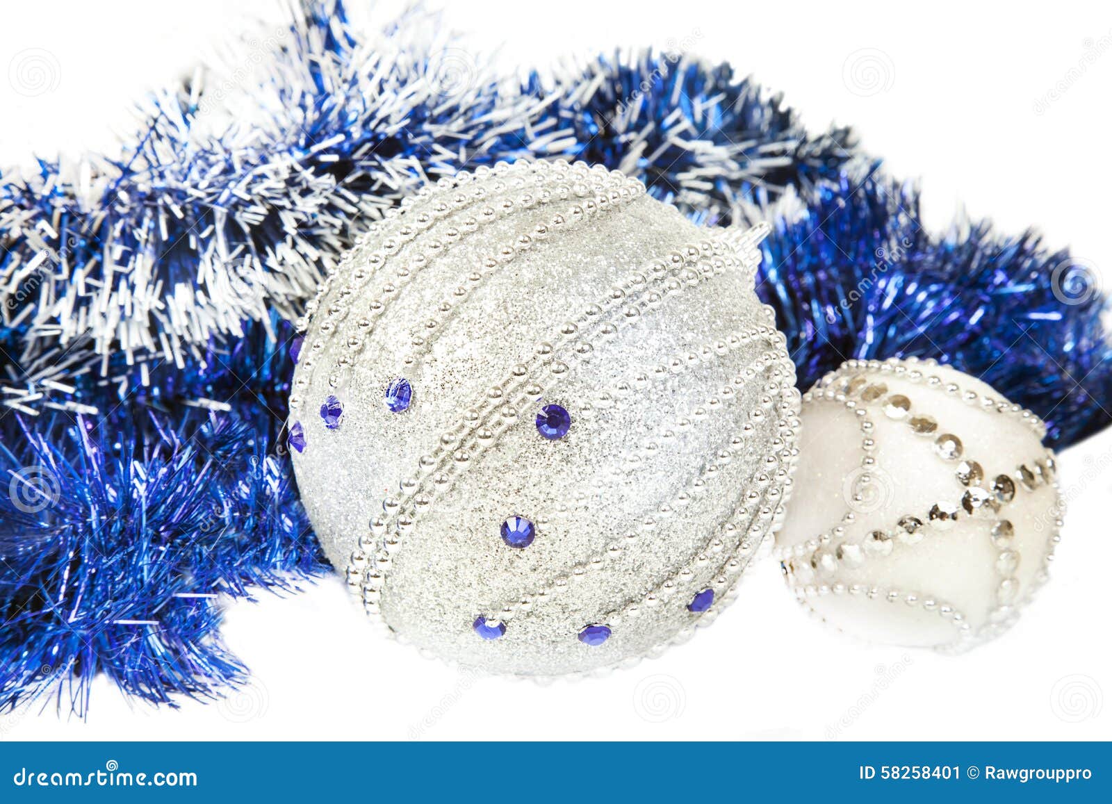 Christmas Blue Tinsel and Blue with White Glitter Balls Stock Image