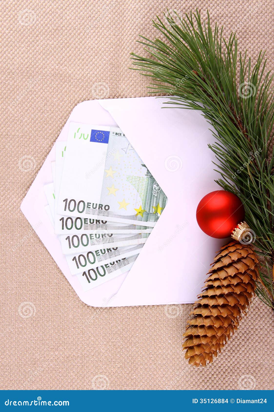 Christmas Bonus, Five Hundred Euro in Envelope and Decor Stock Photo ...