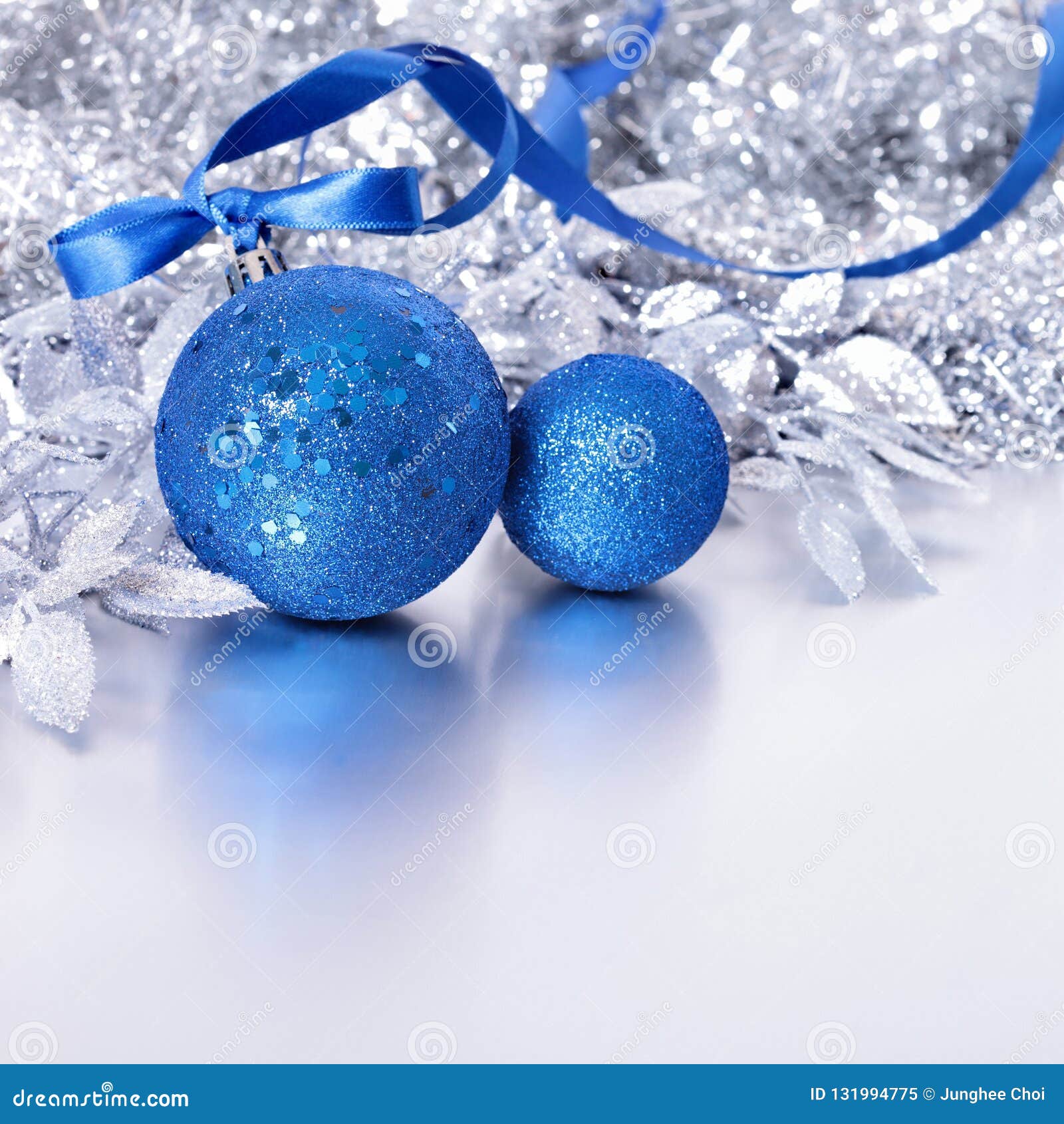 Christmas Border with Blue Balls and Ribbon on Silver Background Stock ...