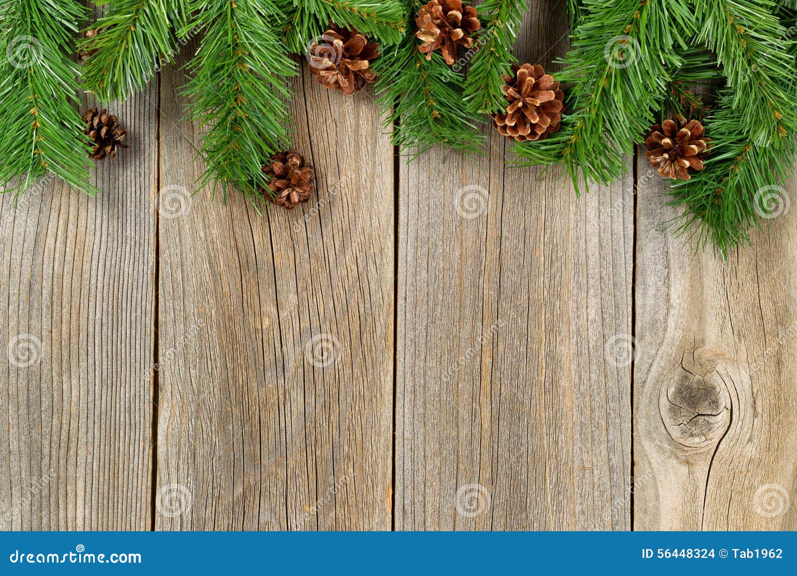 Christmas Border with Branches and Pinecones on Rustic Wooden Bo Stock ...