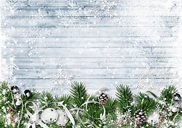 Christmas Border with Fir Branches, Jingle Bells and Snowfall. G Stock ...