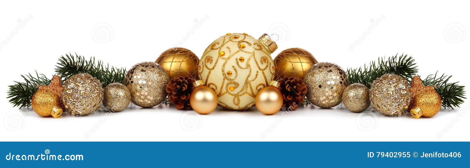 christmas border of gold ornaments and branches  on white