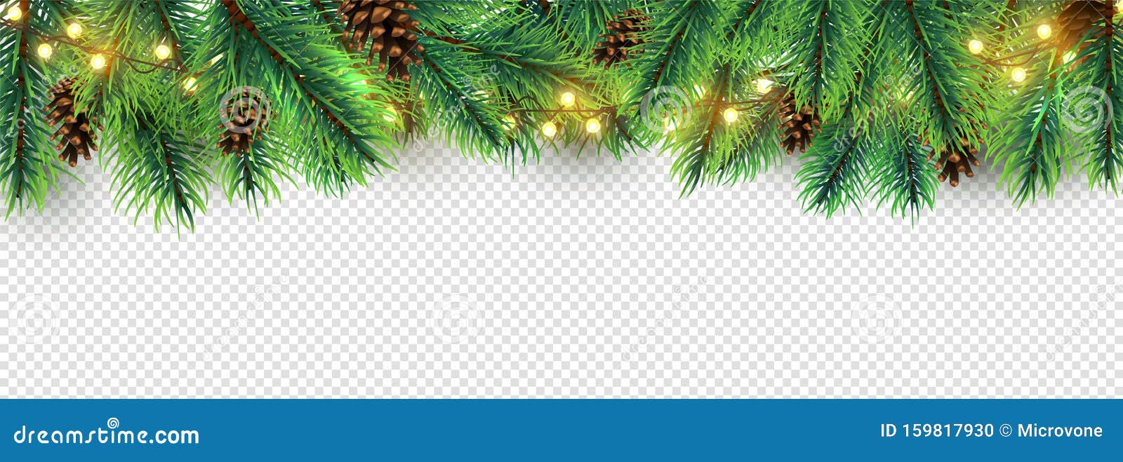 christmas border. holiday garland  on transparent background.  christmas tree branches, lights and cones