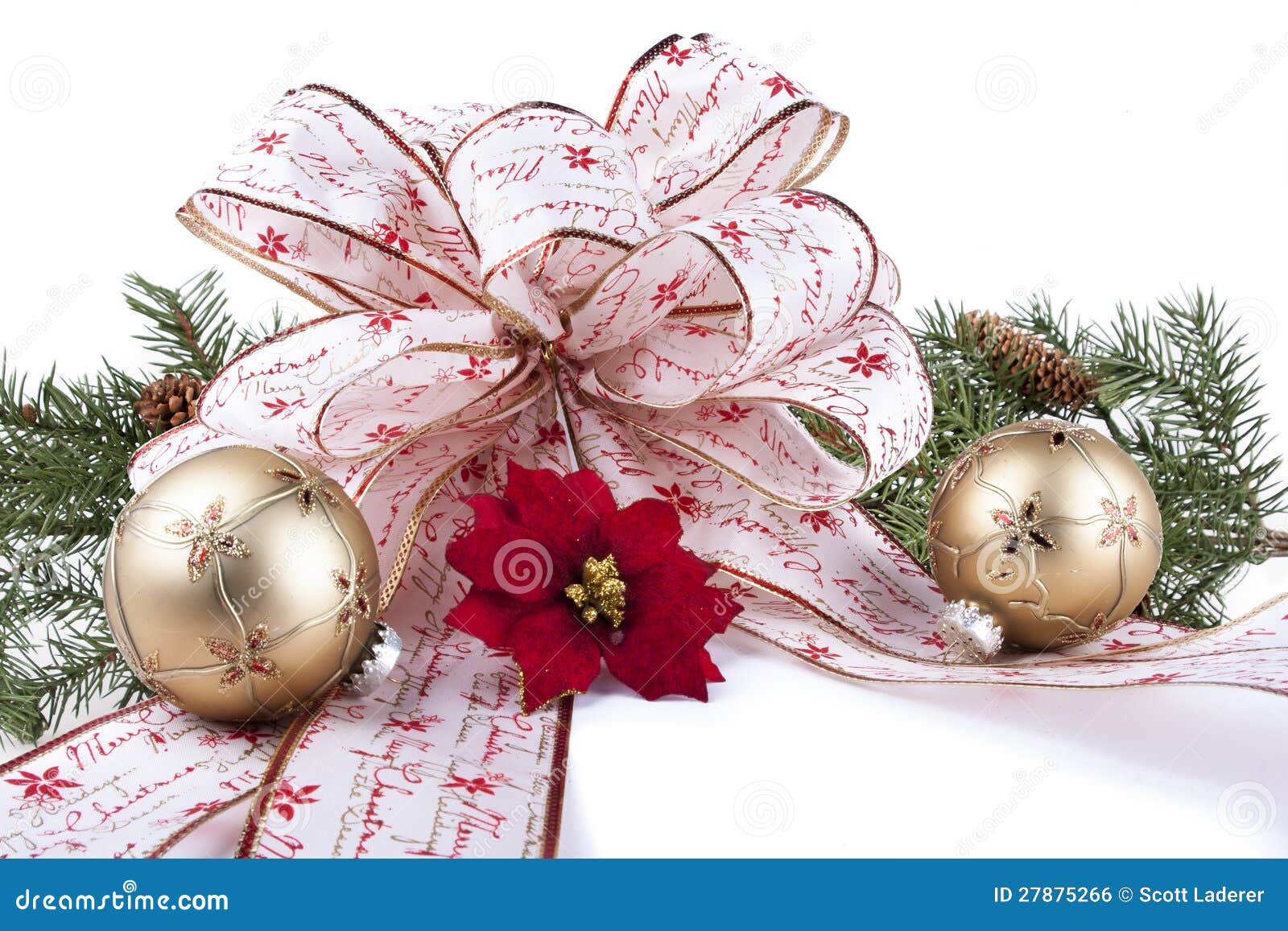 Christmas Bow, Ornaments, Flower, Pine on White Stock Photo Image of