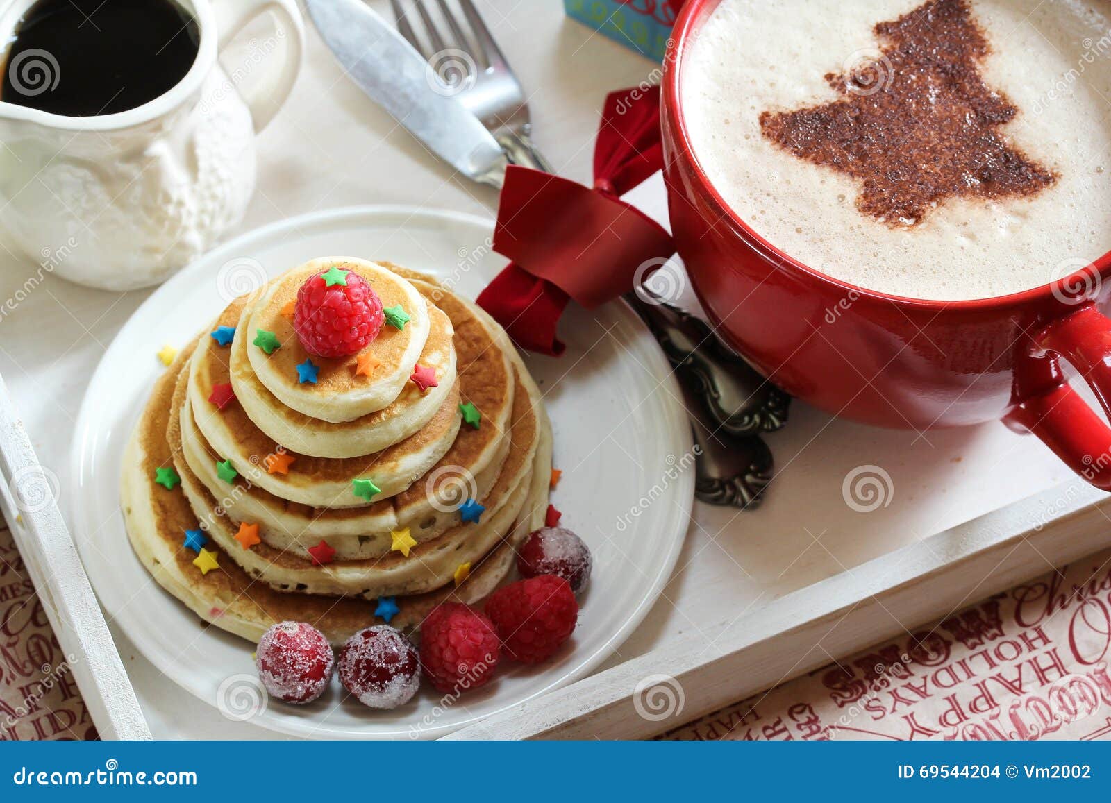 Christmas Breakfast on a Tray Pancakes and Coffee Stock Photo Image
