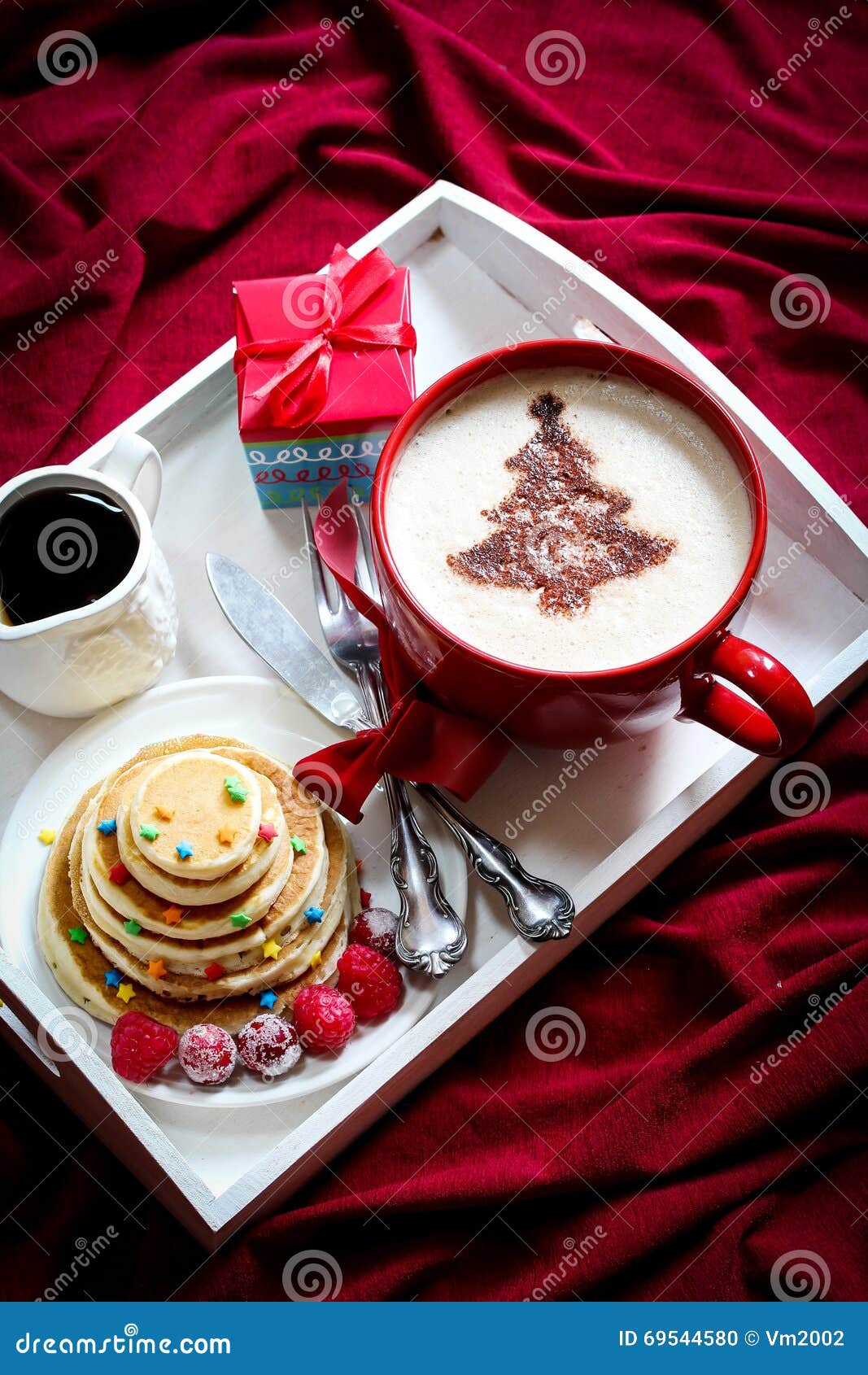 Christmas Breakfast on a Tray Pancakes and Coffee Stock Photo Image