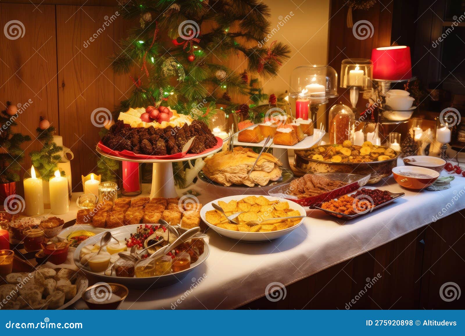 Christmas Buffet, with Food and Drinks for Guests To Enjoy Stock