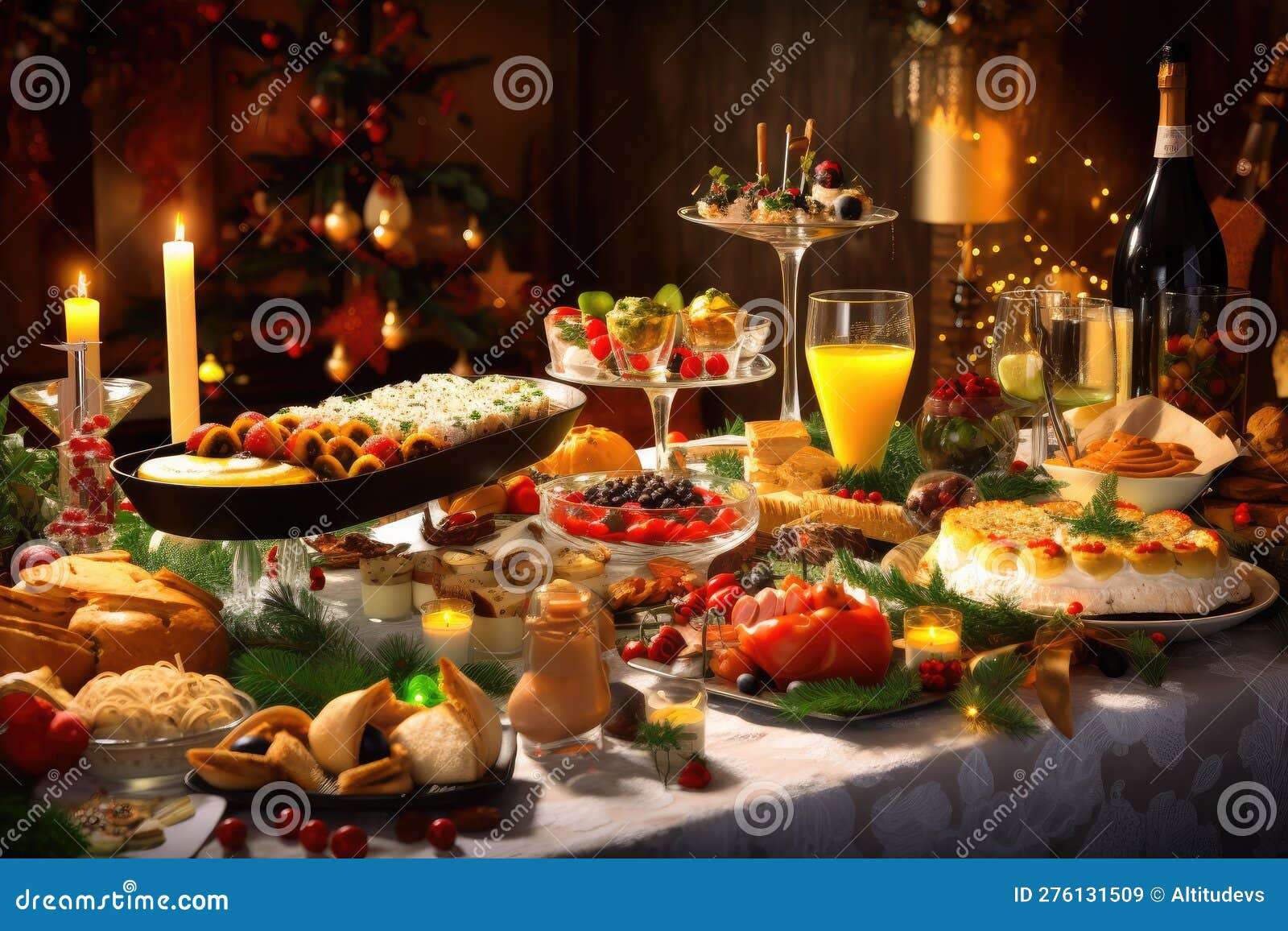 Christmas Buffet, with Food and Drinks for Guests To Enjoy Stock
