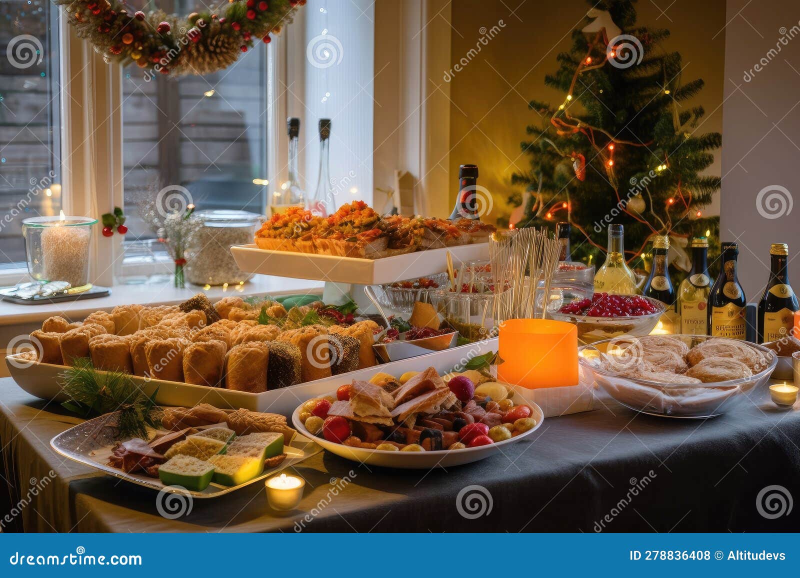 Christmas Buffet, with Food and Drinks for Guests To Enjoy Stock