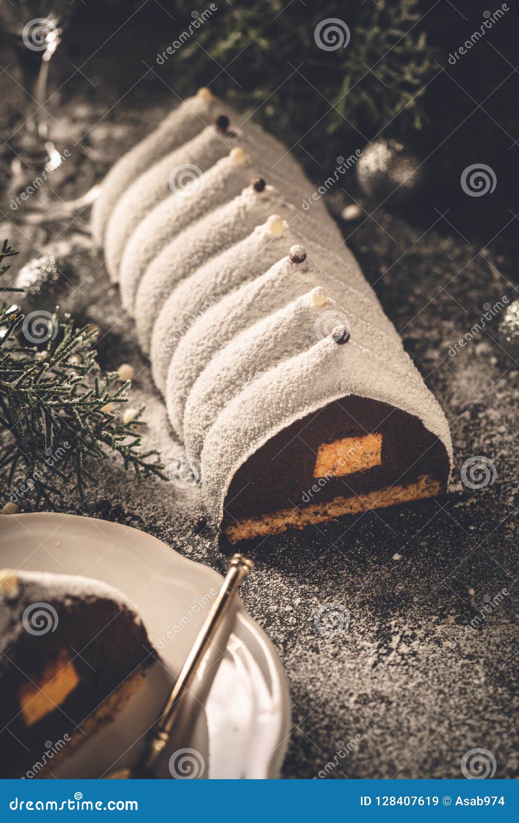 traditional french buche de noel christmas cake in a french patisserie  Stock Illustration