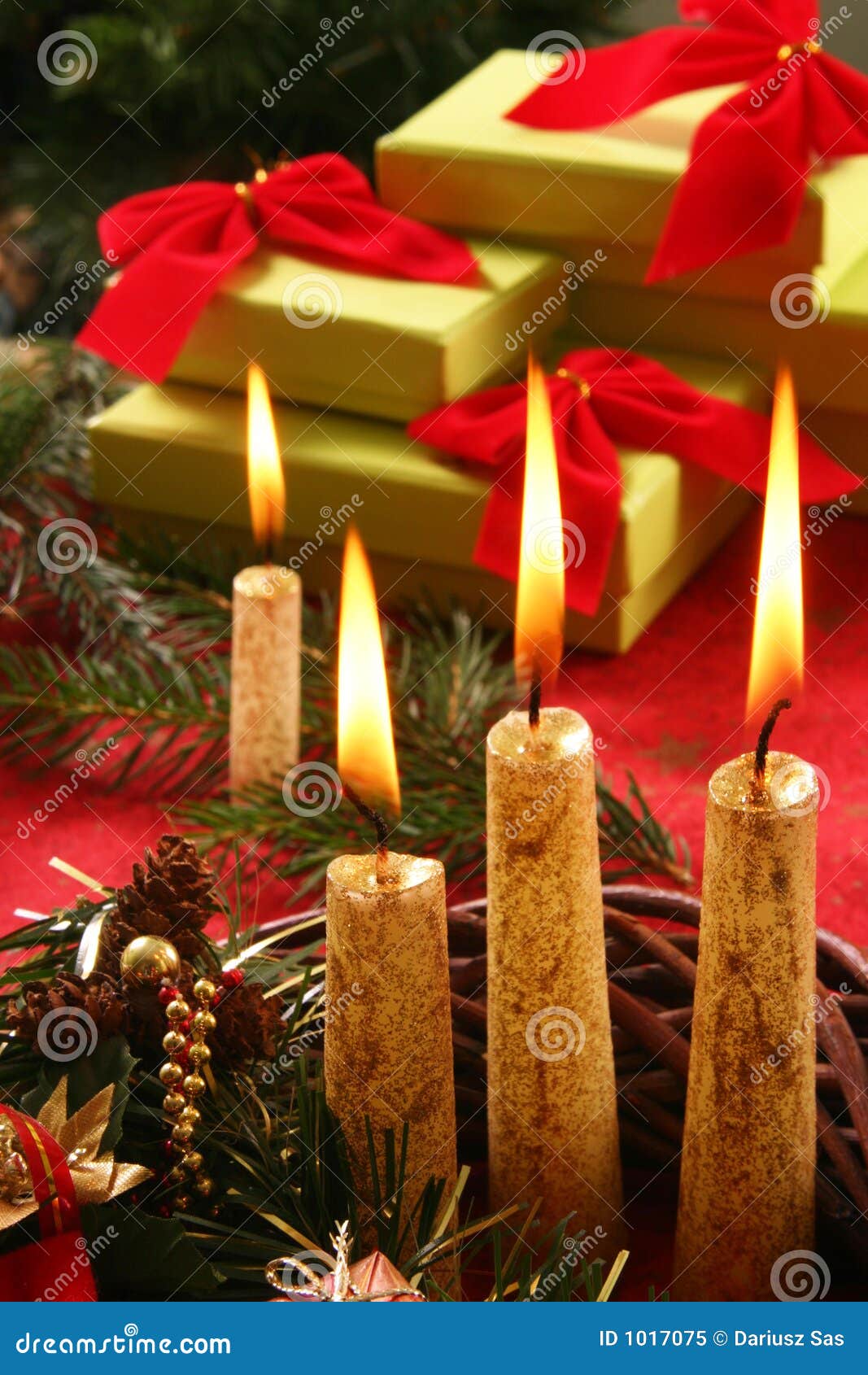 Christmas candle and gifts stock image. Image of package 1017075