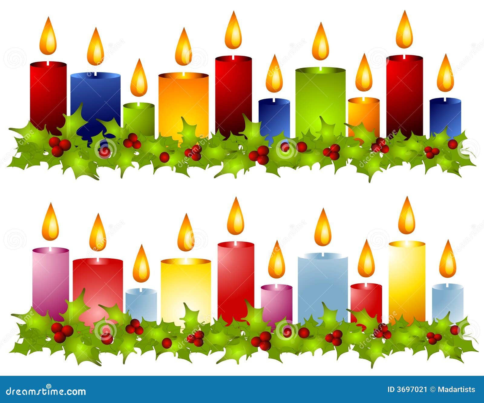 Christmas Candle Holly Wreath Borders A clip art illustration of your choice of 2 Christmas