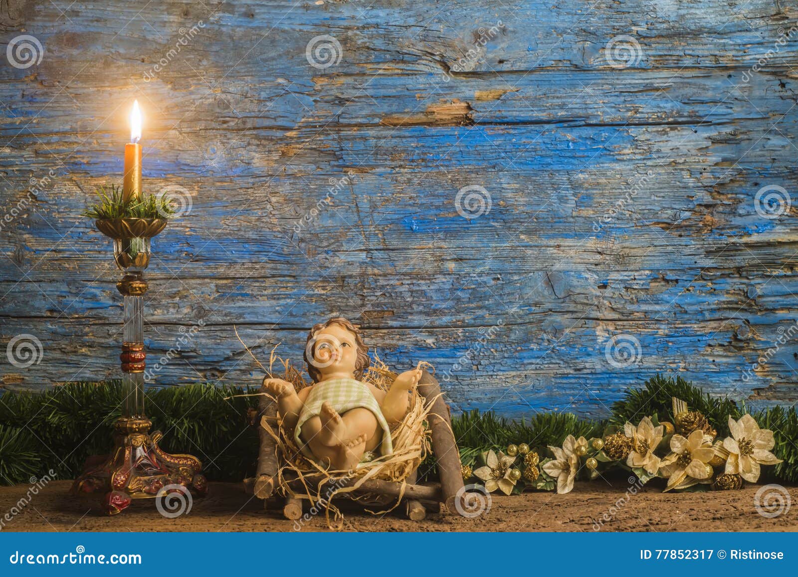 Christmas Card, Baby Jesus In His Crib Stock Image - Image 