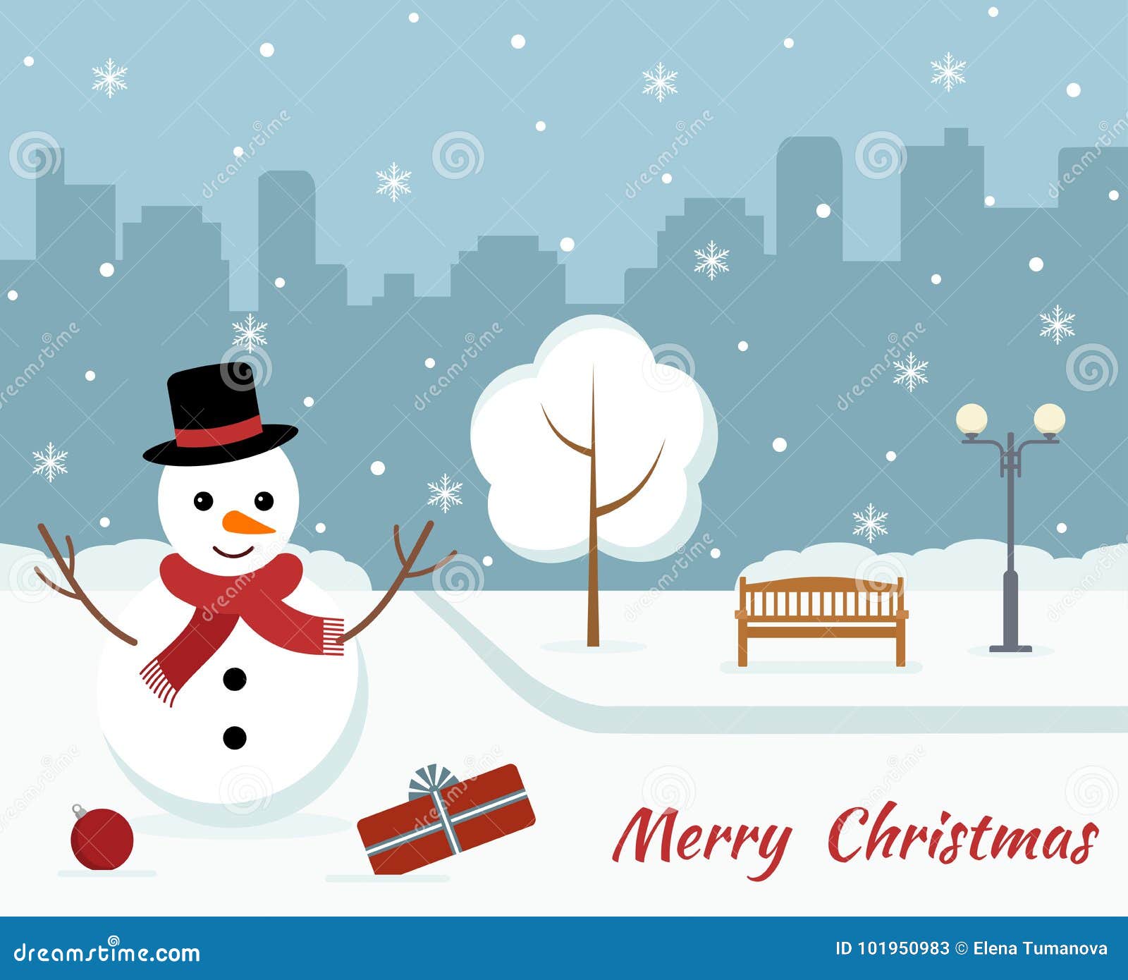 Christmas card with a cute snowman on city background