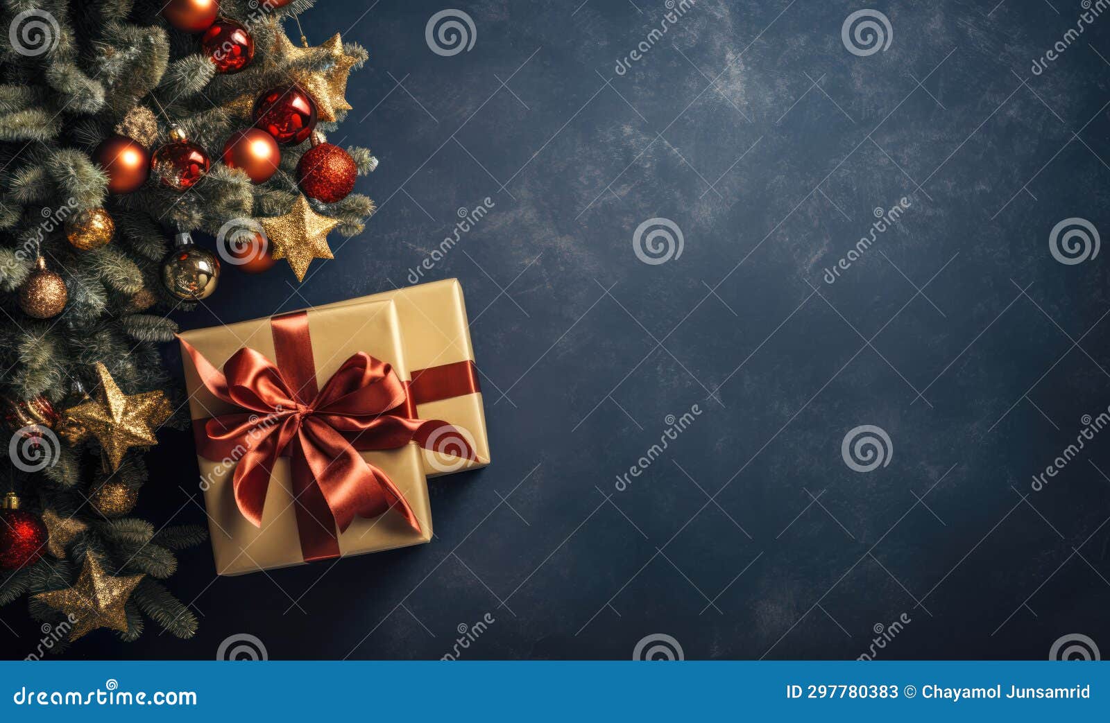 Christmas Card with a Gift Box and Christmas Tree.,AIgenerated Content