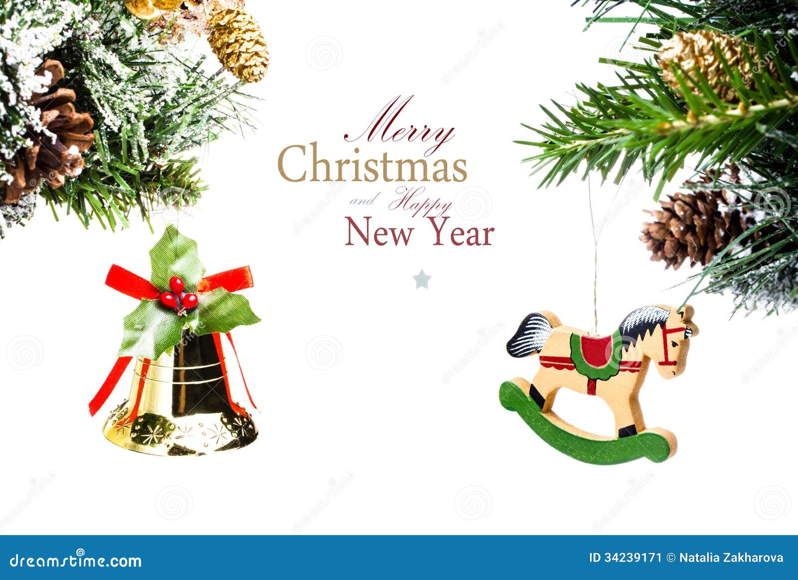 Christmas Card With Golden Bell And Wooden Horse With 