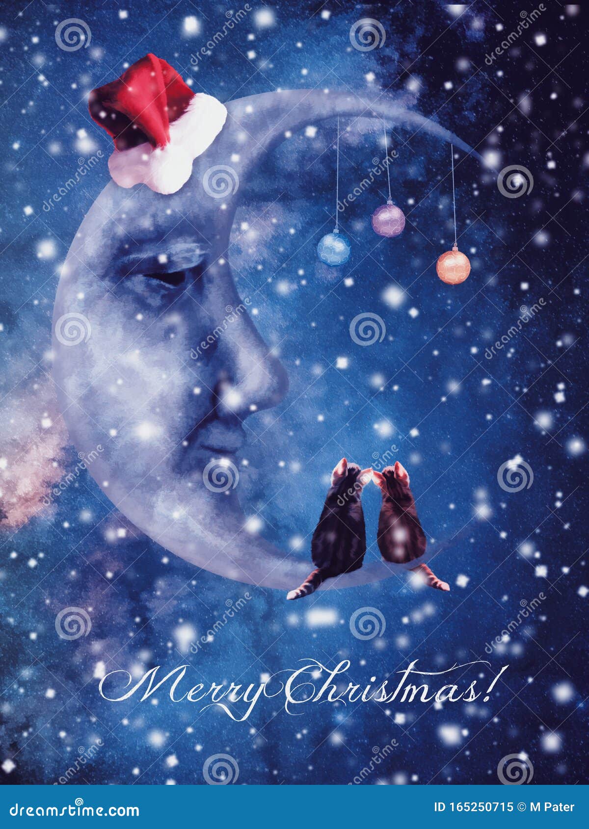 christmas card with moon and kittens