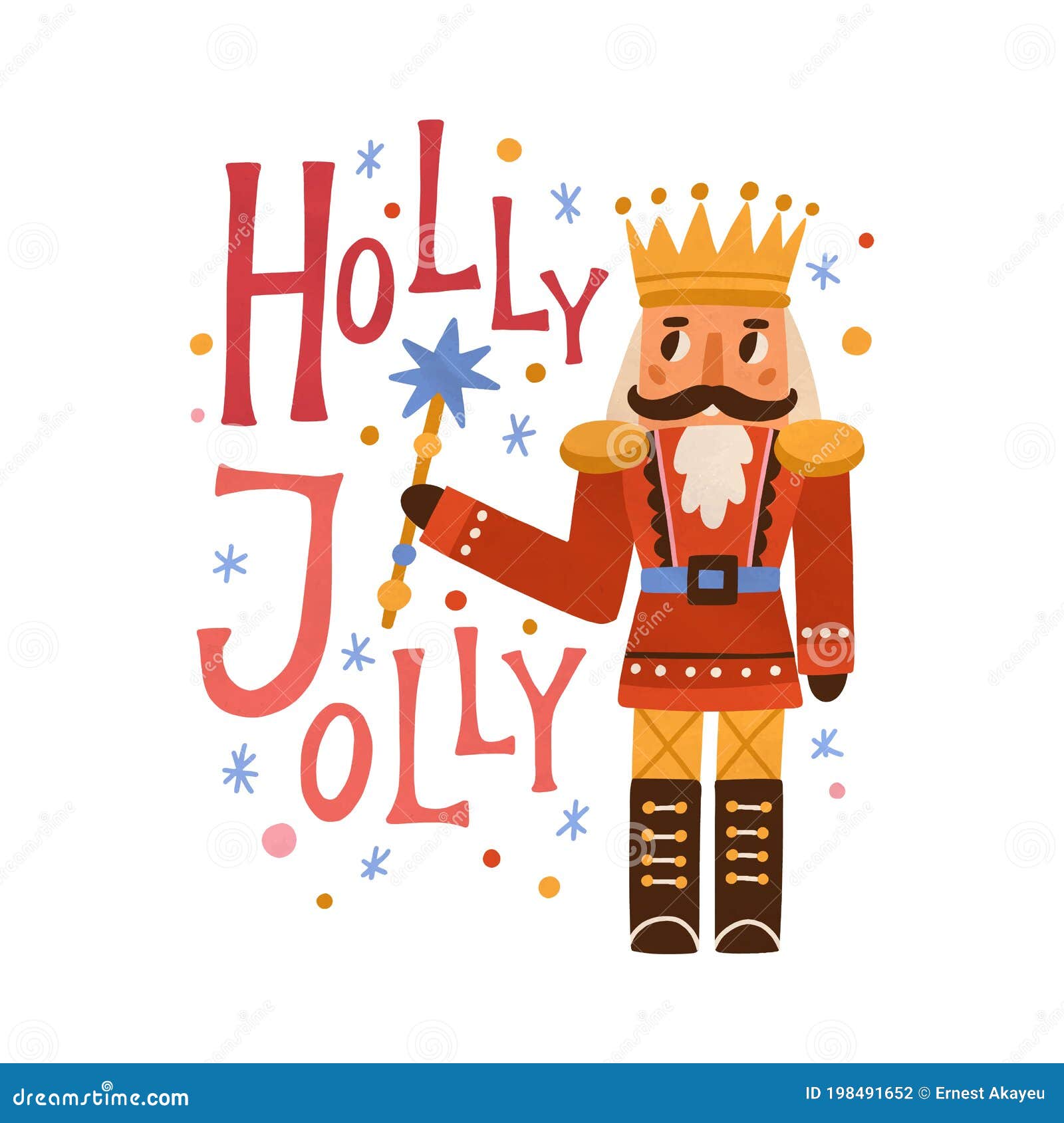 Christmas Card with Nutcracker, Snowflakes and Holly Jolly Inscription.  Holiday Greeting Card with Festive Toy in Crown Stock Vector - Illustration  of colorful, seasonal: 198491652
