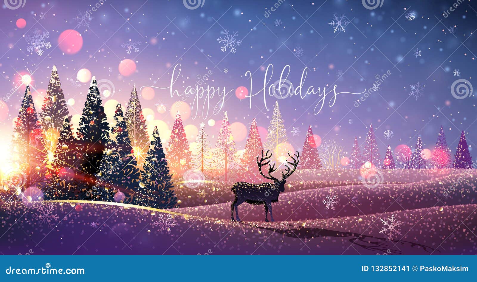 christmas card with reindeer, winter sunny landscape. 
