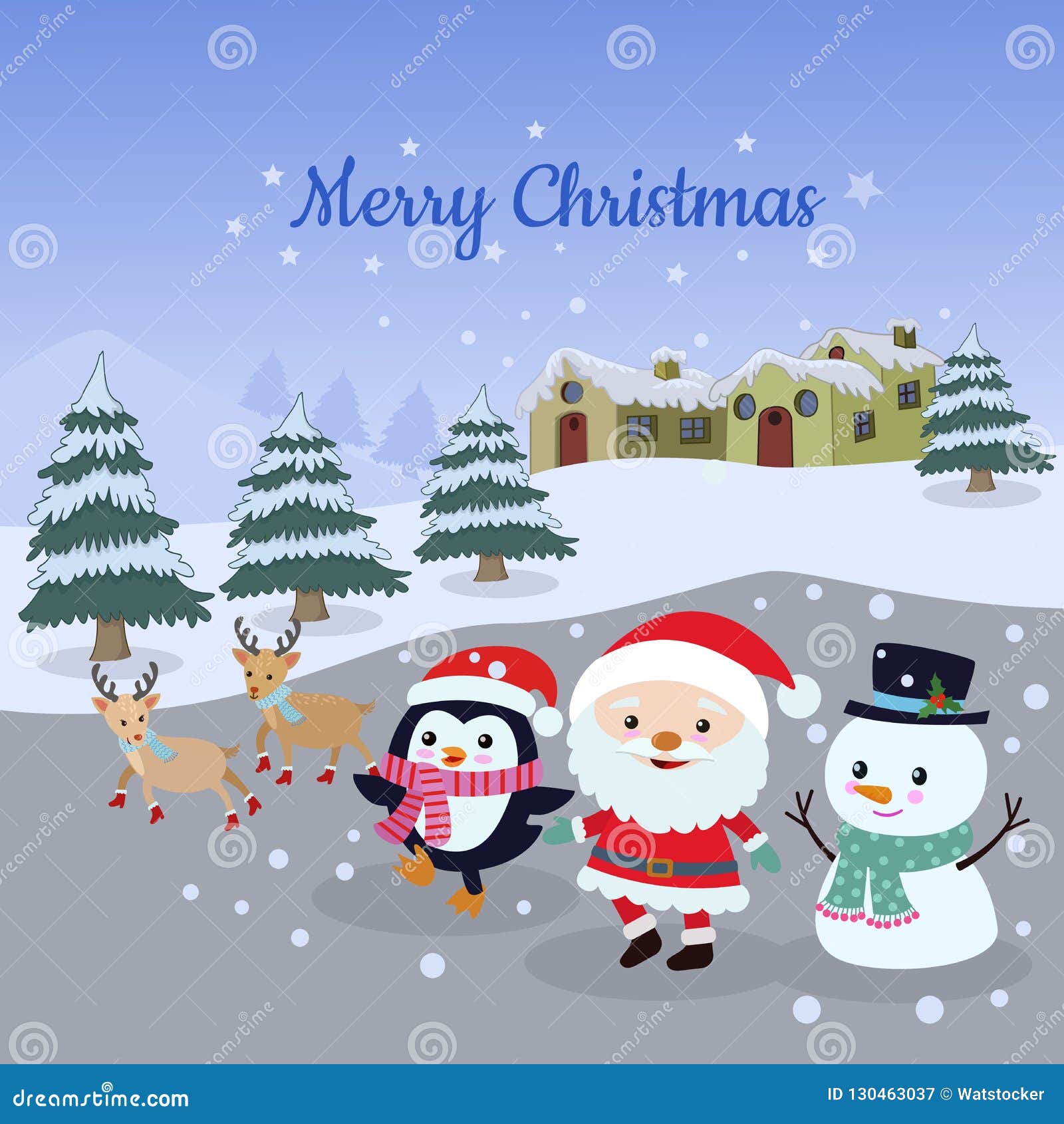 Christmas card Penguin Santa in the forest