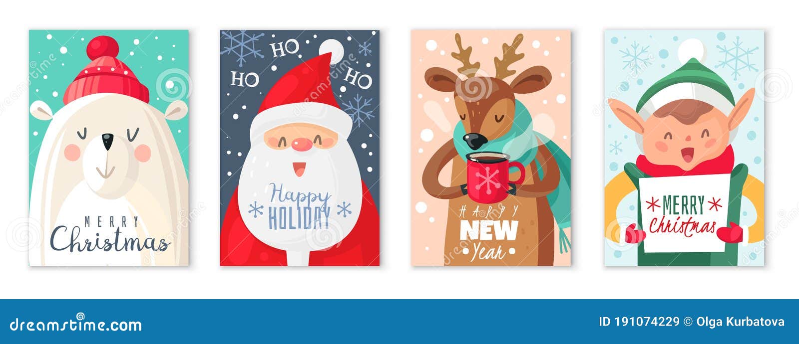 christmas cards. happy merry christmas and new year greeting card with cute santa claus and cute animals, xmas gift