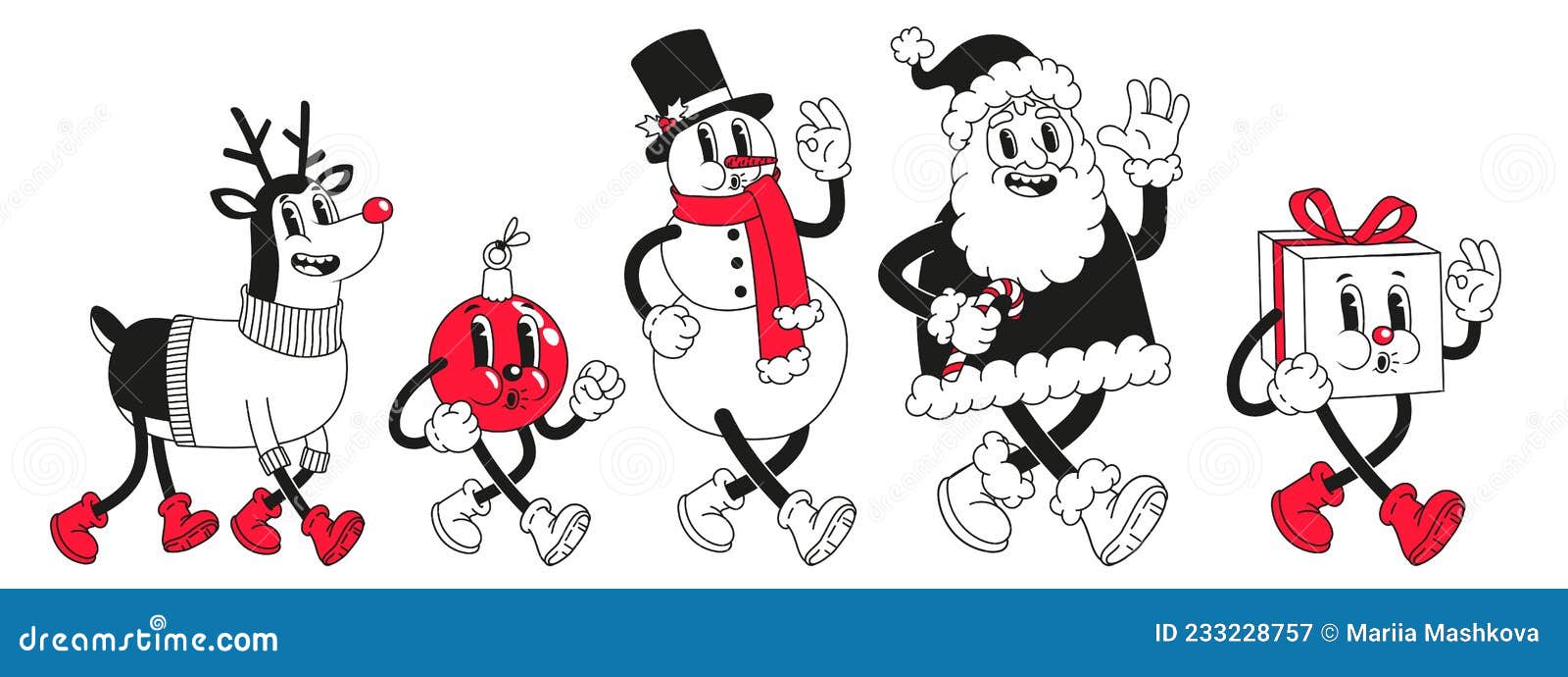 Christmas Cartoon Characters. Set of Vector Comic Illustrations with  Snowman, Santa Claus in Trendy Retro Cartoon Style. Stock Vector -  Illustration of merry, winter: 233228757