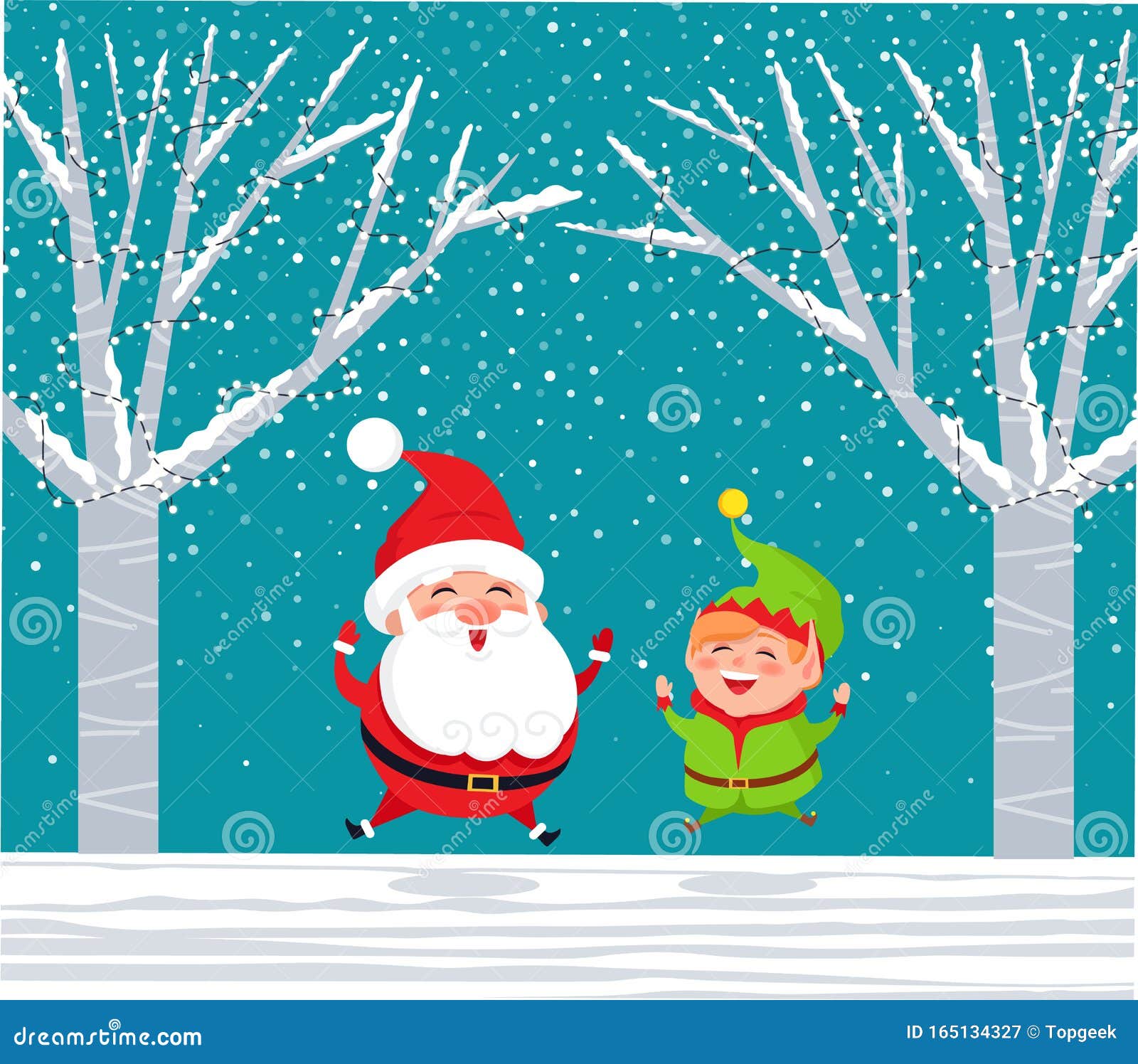 santa claus, elf in winter forest jumping with joy