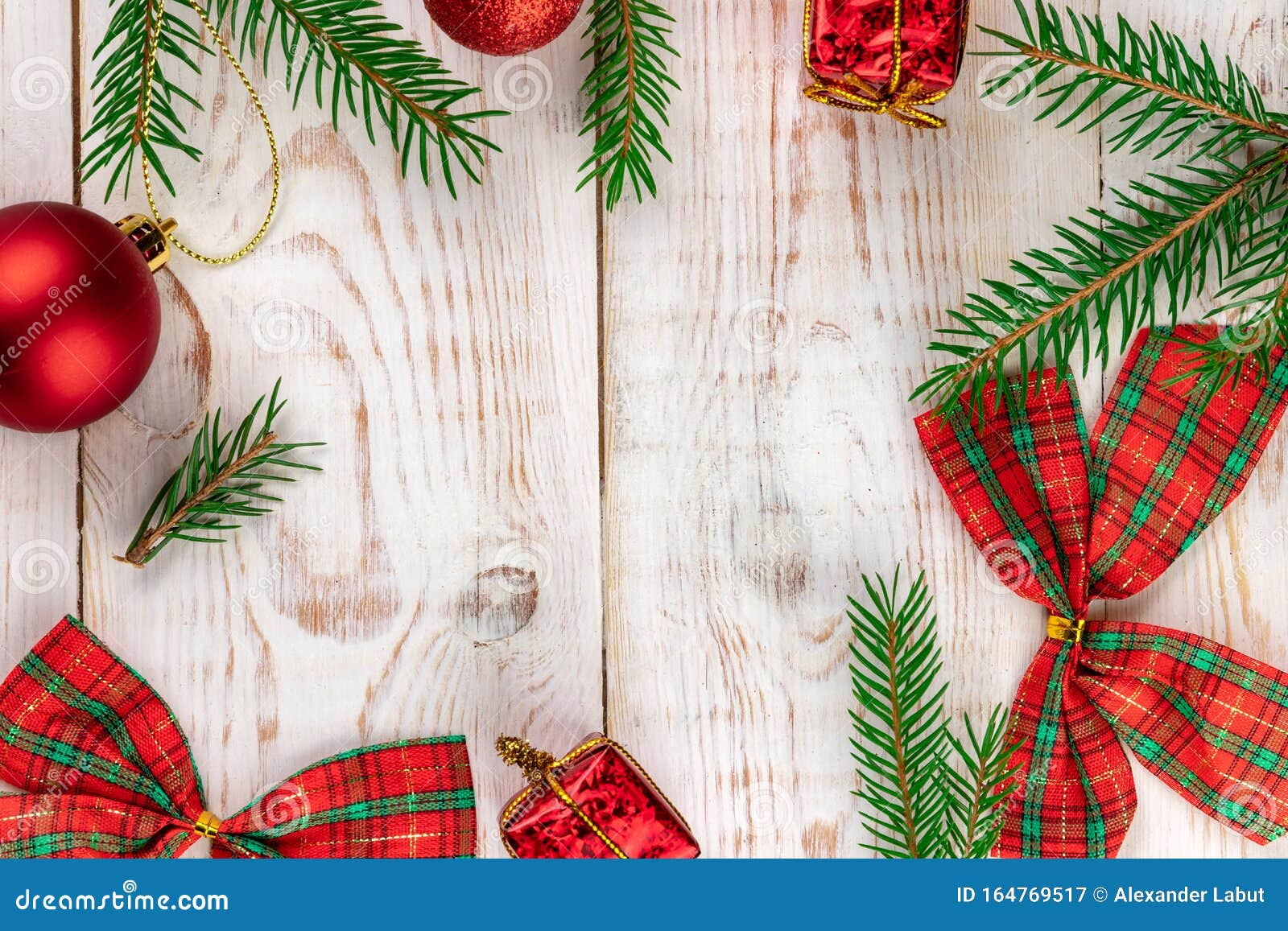 Christmas Checkered Bows with Green Fir Tree Branches and Xmas ...