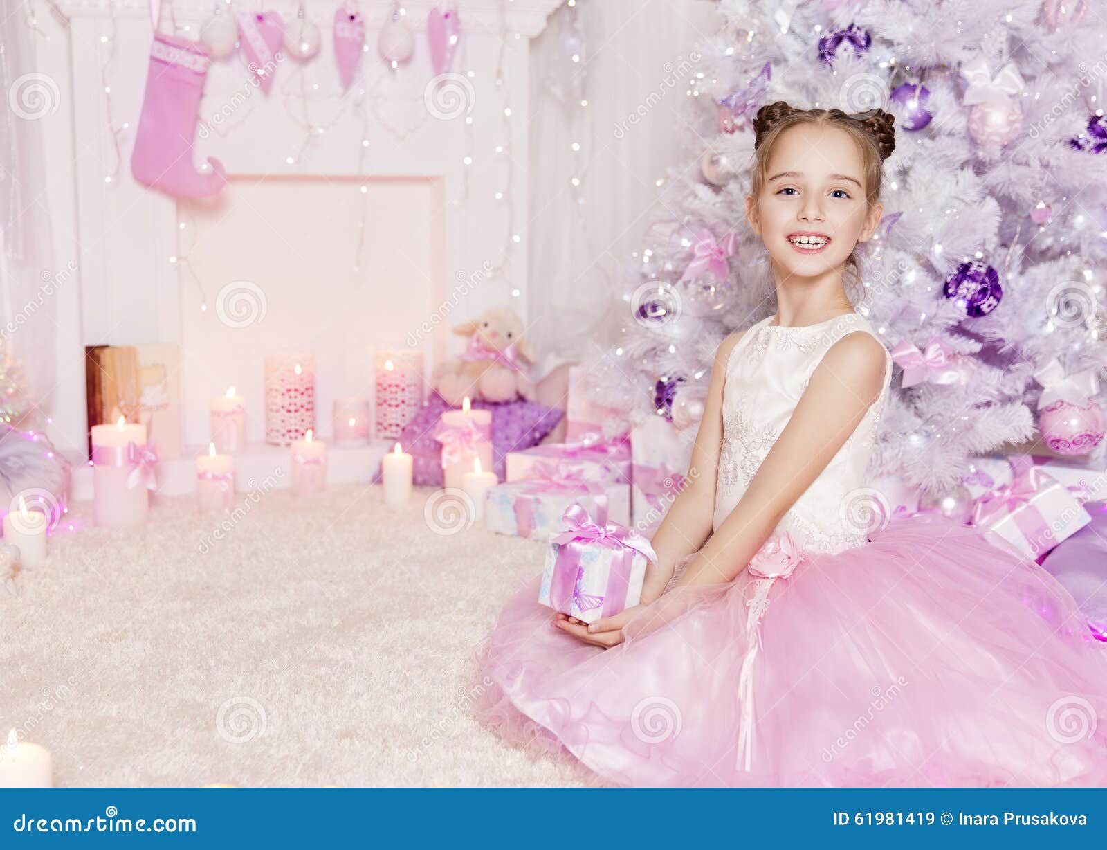 christmas child girl present gift, kid in decorated pink room