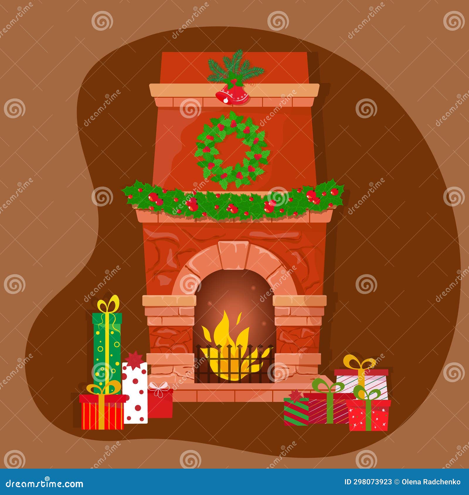 christmas chimenea  with socks and wreath. cute winter seasonal card with bonfire. stock  brochure