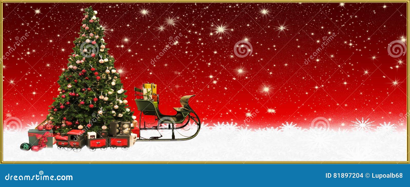 christmas: christmas tree and santa`s sleigh, banner, background