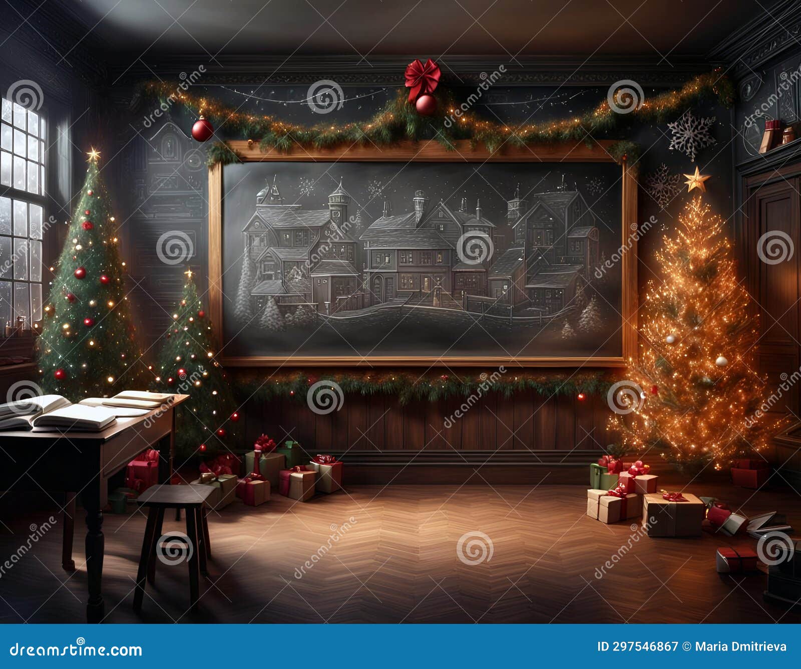 Christmas Classroom, Blackboard, Decorated Christmas Trees, Presents ...