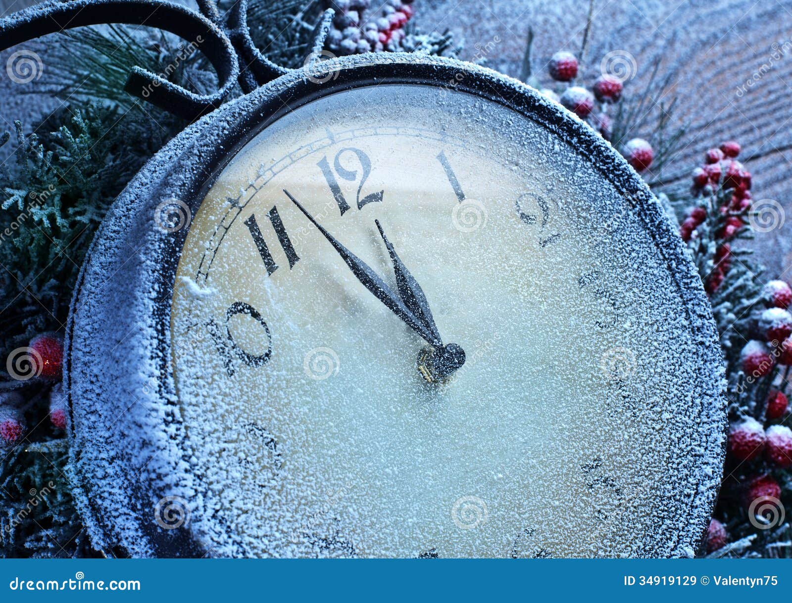 Christmas Clock Over Snow Wooden Background. Stock Image ...